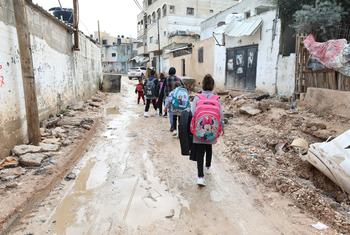Children walk through partially destroyed streets in Jenin in the West Bank (file).