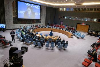 Stephanie Koury (on screen), Deputy Special Representative for Political Affairs for Libya addresses the Security Council.