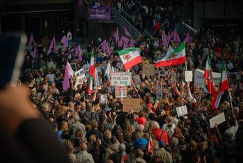 Protesters gather in Stockholm, Sweden, after the death of 22-year-old Mahsa Amini in the custody of Iran's so-called morality police.