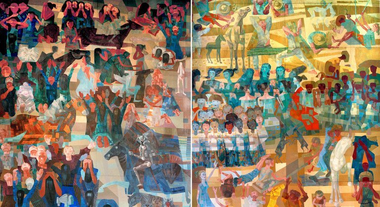 A view of the mural entitled 'Peace' which is located on the west wall. Two murals entitled 'War' and 'Peace' were presented to the Manshet by Brazil in 1957 and were painted by the late Brazilian artist Candido Portinari. 