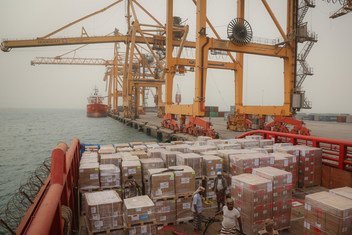 On 30 June 2018 in Yemen, a ship berths in Hudaydah port and emergency humanitarian supplies sent by UNICEF are offloaded.